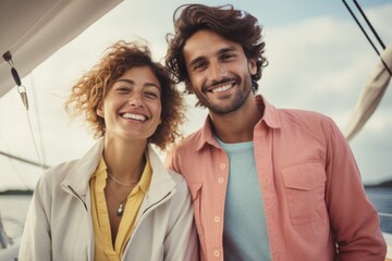 Wall Mural - young couple happy expression sailing on a boat. ai generated