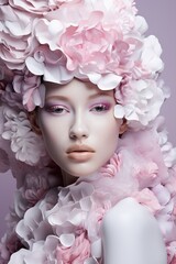 Wall Mural - beautiful woman with pink and purple blooming flowers portrait, young glamour and luxury female with perfect skin, makeup and beauty concept