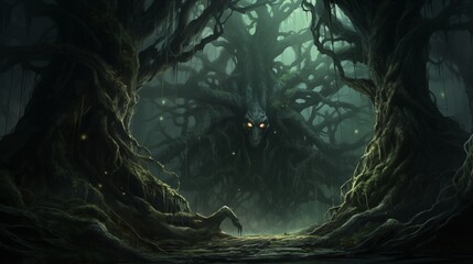 Wall Mural - A dark-fantasy forest inhabited by mythical creatures and spectral guardians. Digital concept, illustration painting.