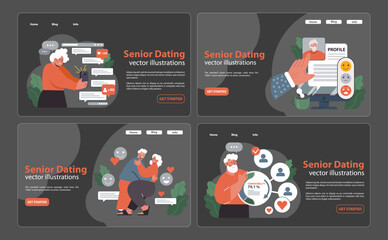 Senior Dating set. Elderly woman gets likes online, man views a profile, couple shares a heartfelt moment, and compatibility check on mobile. Flat vector illustration