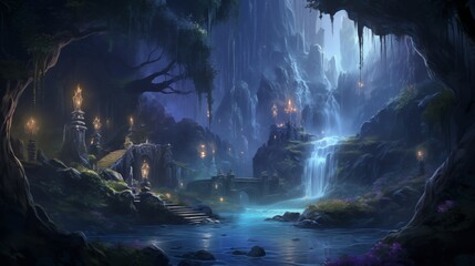 Wall Mural - An enchanted waterfall in a mystical glade. Digital concept, illustration painting.