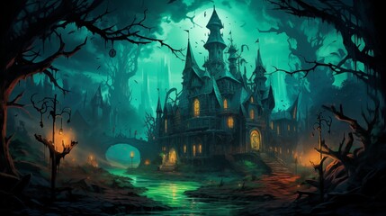 Wall Mural - A dark-fantasy castle hidden in the midst of a foreboding, enchanted forest. Digital concept, illustration painting.