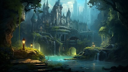 Wall Mural - A dark-fantasy castle hidden in the midst of a foreboding, enchanted forest. Digital concept, illustration painting.