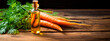 Carrot cosmetic oil on a wooden background. Generative AI,