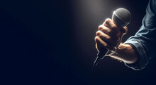 Handheld Microphone With Stage Lighting Background , Banner Has Space For Typing Text