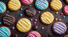 Delicious Sweets On Abstract Background, Sweets, Chocoltae, Donuts, Sweet Colored Biscuits