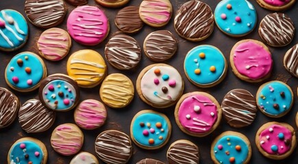 delicious sweets on abstract background, sweets, chocoltae, donuts, sweet colored biscuits