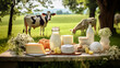Cow dairy products on a farm background. Generative AI,