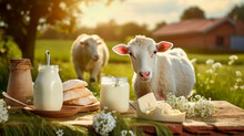 Sheep Dairy Products On A Farm Background. Generative AI,