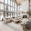 Bright, White Modern Farmhouse Living Room with a Fireplace, High Ceilings and Floor-to-Ceiling Windows with a Winter Wonderland View