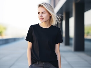 Wall Mural - Attractive young woman wearing blank black empty oversize white t-shirt mockup for design template