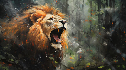 Beautiful lion roaring in a forest, painted lion in colorful colors, dense forest background, abstract oil painting by brushstrokes  