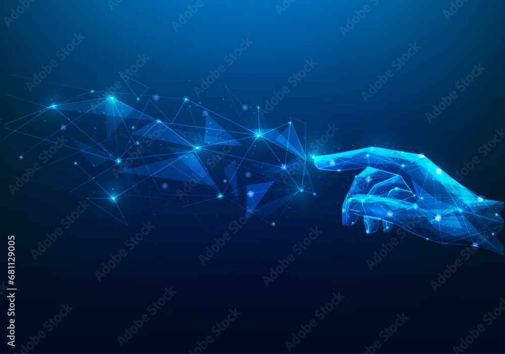hand touching line dot technology network global connection blue ...
