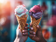 Hands holding melting ice cream waffle cone in hands on summer nature light background, cone of bright, tasty, refreshing, colorful, The concept of vacation.