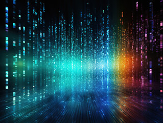 Realistic tech colorful with green binary code background modern devices. Generative Ai