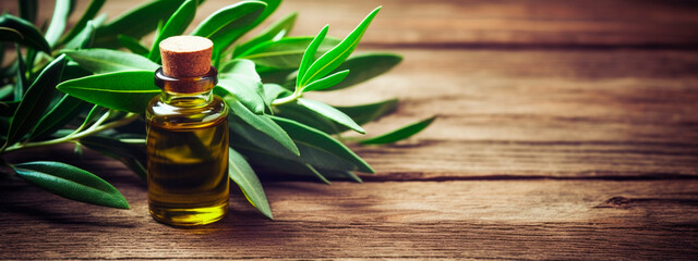 Tea tree essential oil in a bottle. Generative AI,