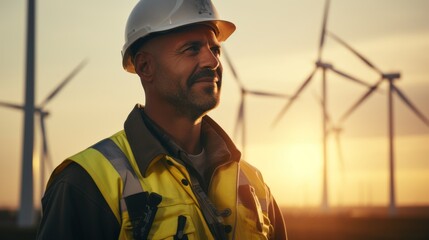 Wall Mural - engineer feel success after good work. He standing a top of windmill