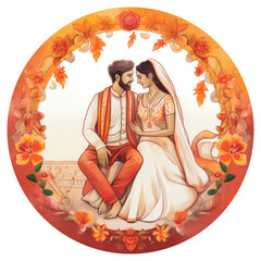 Poster - illustration of a Indian wedding couple, circular monogram design for wedding card, invitations