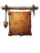 © Azlan Art  - A blank and empty cartoon game graphic style wooden signboard hanging  with chain, medieval style, isolated background, png