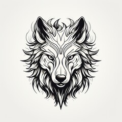 Sticker -  a black and white drawing of a wolf's head with a pattern on the front of it's head.