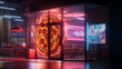 3d rendering of a pizza in a restaurant with neon lights.
