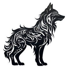 Poster -  a black and white drawing of a wolf with intricate patterns on it's back and neck, standing in front of a white background.