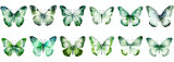 green watercolor aquarelle butterfly set butterflies isolated on transparent background clipart