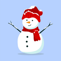 Wall Mural - Cute cheerful snowman icon. Colored silhouette. Front side view. Vector simple flat graphic illustration. Isolated object on a blue background. Isolate.