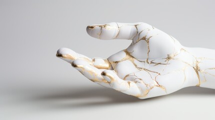 Kintsugi Upcycled white porcelain ceramic hand with golden cracks details. Kintsugi kintsukuroi golden repair is the Japanese art of repairing broken pottery