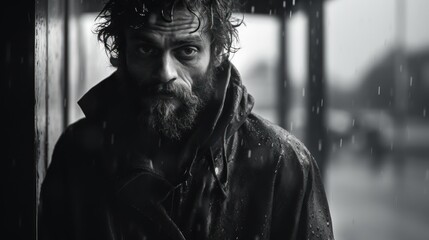 Sticker -  a black and white photo of a man with a beard wearing a raincoat and holding an umbrella in the rain.