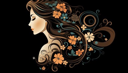 Poster -  a woman with long hair and flowers in her hair, with a butterfly flying over her shoulder, on a black background.