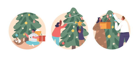 Poster - Isolated Round Icons, Avatars Of Parents And Kids Family Characters Joyfully Decorating Christmas Tree, Sharing Laughter