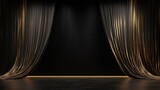 Fototapeta  - The empty background is a theater stage with black gold velvet curtains. Backstage under spotlights and spotlights.