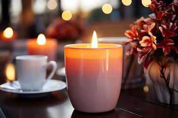 Burning candle in cafe, closeup. Festive table settingv