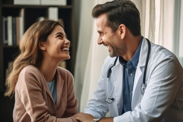 A compassionate doctor comforting a patient with a reassuring smile in a medical office