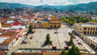 Aerial Drone Fly Above Cathedral Landmark of San Cristobal de las Casas Mexico Chiapas Latin City