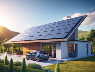 Wall Mural - Modern house with solar panels and modern car near house.