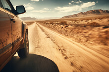 Dirty Car On Desert Highway Road. Car Trip Along Desert Mountain Landscape, Closeup Side View.