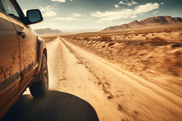 Dirty car on desert highway road. Car trip along desert mountain landscape, closeup side view.