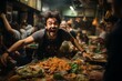 A hilarious scene in a crowded restaurant where chaos ensues as dishes crash and characters scramble to keep order