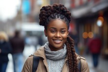 Closeup Portrait Of Young African Pretty Woman Wearing Braids Hair Style Smiling Walking In City Street At Day Time, Generative Ai