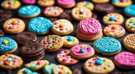 delicious sweets on abstract background, sweets, chocoltae, donuts, sweet colored biscuits