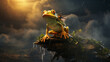 A coakroch sitting on the back of frog on a rock
