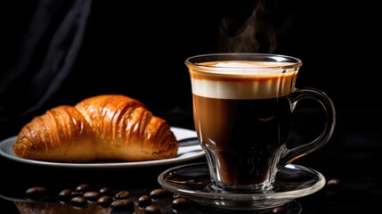 Wall Mural - A cup of coffee in a transparent cup and a fresh croissant with a golden crispy crust 