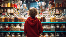 A Boy Stands In Front Of A Candy Store Counter With Different Types Of Candies And Sweets. Ai Generative