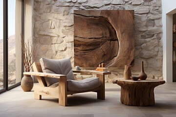 Wall Mural - A rustic armchair, crafted from natural solid wood, complements the interior design of a modern living room featuring a wooden abstract panel on a white wall