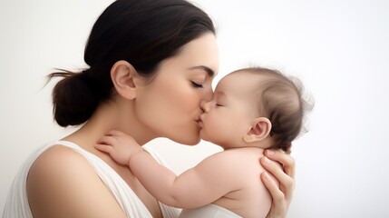 Young loving mom kissing her new born baby isolated on white background.