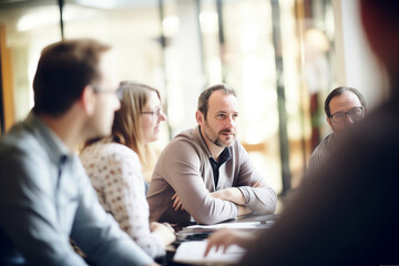 A group of professionals in a team business meeting, with one man in focus.