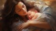 © JW Studio - A loving mother is sleeping with her beloved baby in her arms, illustration of loving mom carrying her new born baby.