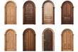 A collection of wooden doors on a white backdrop.